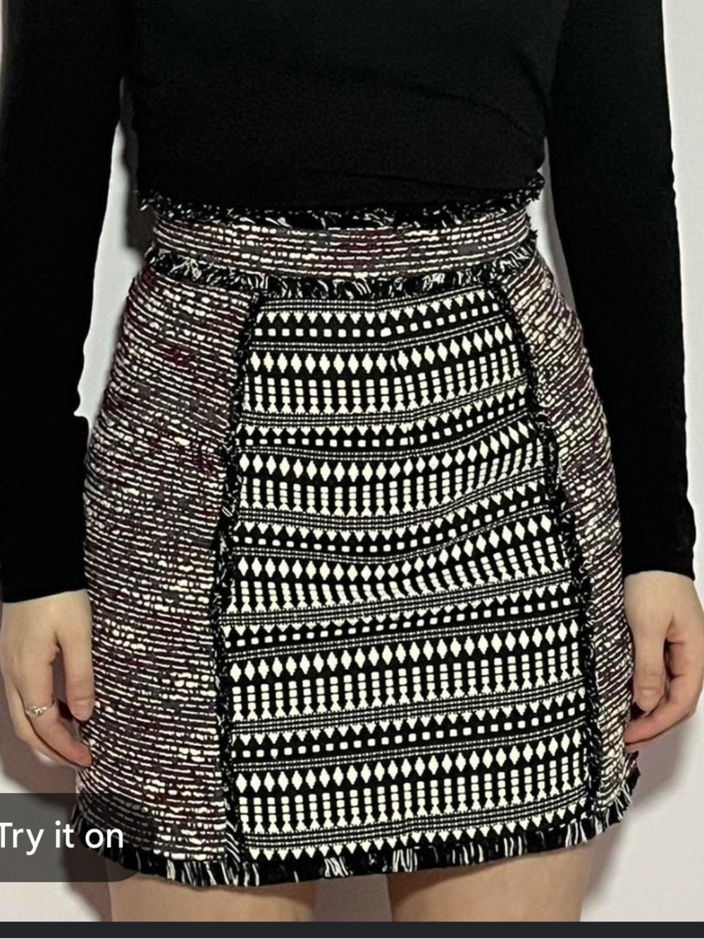 French Connection Black & White Patterned Tweed-Panel Mini Skirt